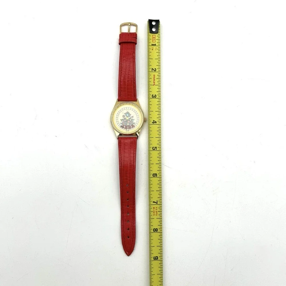 Vintage R&R Christmas Watch Moving Bear Train Gold Tone Red Leather Strap